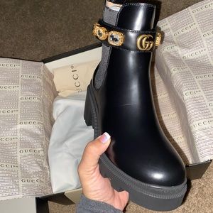 Gucci leather ankle boot with belt. SIZE: 36 COLOR: Black Brand new with box etc